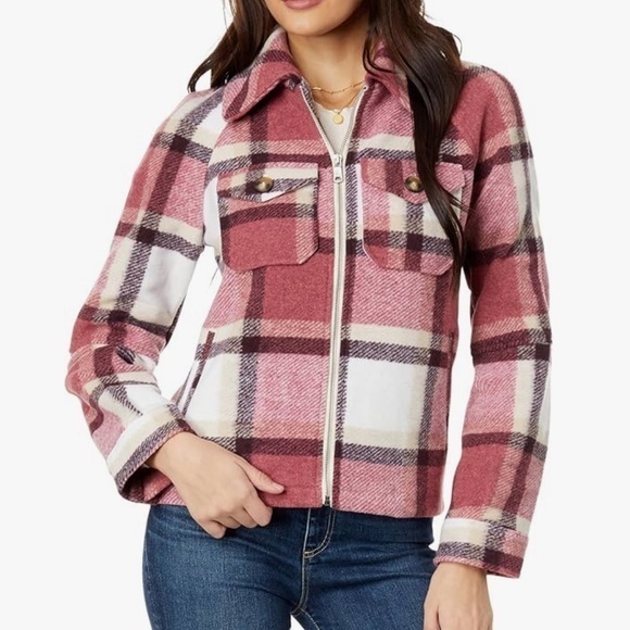 Avec Les Filles tartan Plaid Zip Front oversized Jacket size XS Cranberry/Cream - Picture 1 of 12